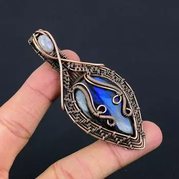 Blue Flash Labradorite, Moonstone Gemstone Pure Copper Wire Wrapped Designer Handmade Pendant Jewelry Gift for Her 3.35 Inches синий