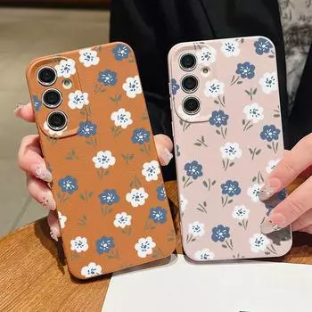 Blue Flower Pattern Silicone Soft Case for Samsung S25 S24 S22 Ultra Plus S23 S21 S20 Fe A25 A26 A15 A54 A55 A56 Shockproof Leather Texture Cover Samsung S25 чёрный