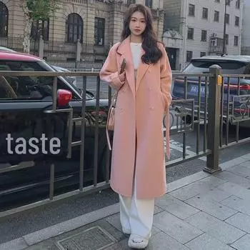 Blue Korean Loose Mid-Length Wool Coat with Lace-Up, Women s Autumn/Winter 2025 Collection XL абрикосовый