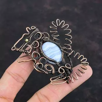 Blue Lace Agate Pendant Copper Wire Wrapped Jewelry Beautiful Rabbit Pendant Handmade Gemstone Jewelry Gift For Him Copper Wire Wrap Pendant