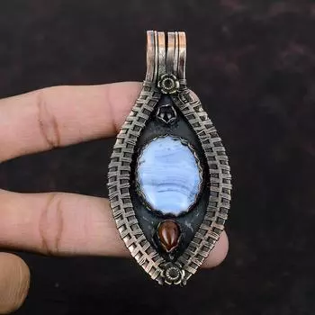 Blue Lace Agate Pendant Copper Wire Wrapped Jewelry Mahogany Obsidian & Blue Sunstone Pendant Handmade Gemstone Jewelry Copper Wire Pendant