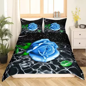 Комплект постельного белья Blue Rose King Queen с романтическим цветочным принтом, абстрактные водные ряби, покрывало из полиэстера с цветочным принтом 70x133cm 2pcs