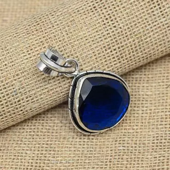 Blue Sapphire Lab-Created 925 Solid Sterling Silver Ювелирные изделия ручной работы Женская подвеска 1.57 Inches синий