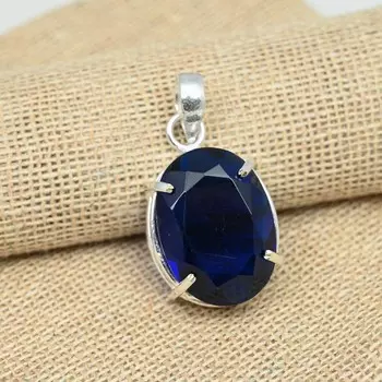 Blue Sapphire Lab-Created Gemstone 925 Sterling Silver Подвеска ручной работы Ювелирные изделия для женщин 1.57 синий