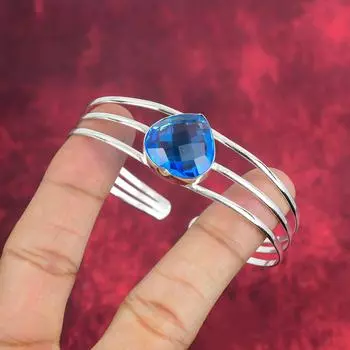 Blue Topaz Bangle, Gemstone 925 Sterling Silver Handmade Beautiful Jewelry Adjustable Bangle, For Her Adjustable синий