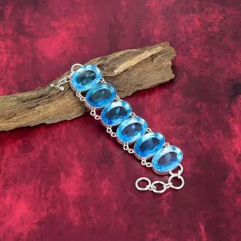 Blue Topaz Bracelet, 925 Solid Sterling Silver Gemstone Jewelry, Handmade Bracelet For Thanksgiving Adjustable with 8 inches синий