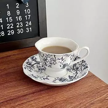 Blue White Ceramic Cups Household Blue Pattern Cup Plate Set Vintage Afternoon Tea Coffee Tea Cup Creative Gift 150ml 150ml