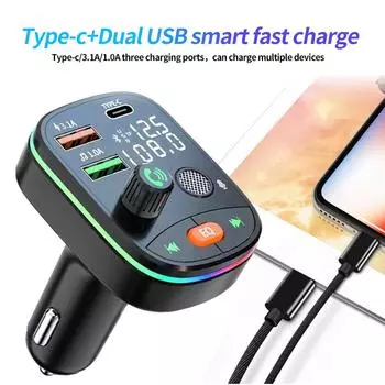 Bluetooth 5.0 Автомобильный FM-передатчик Dual USB 3.1A Type-C Автомобильное зарядное устройство Окружающий свет Автомобильный комплект громкой связи MP3-плеер Поддержка TF-карт AE