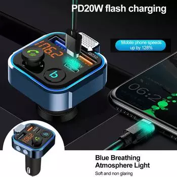 Bluetooth 5.0 FM-передатчик Hands-free Call Car AUX Радио Модулятор MP3-плеер с QC3.0 и адаптером быстрой зарядки PD20W 12-24 В
