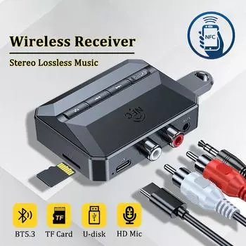 Bluetooth 5.3 аудиоресивер NFC беспроводной адаптер 3,5 мм AUX RCA стерео музыка поддержка U Disk TF карта воспроизведение с микрофоном для автомобильного комплекта усилителя динамика чёрный