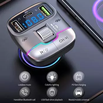 Bluetooth 5.3 FM-передатчик Handsfree автомобильный радиомодулятор MP3-плеер USB PD адаптер быстрой зарядки для смартфона чёрный