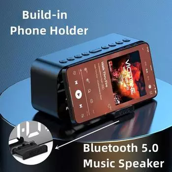 Bluetooth-динамик с большим светодиодным зеркальным экраном, цифровой будильник с FM-радио, держатель для телефона, температура для спальни, офиса белый