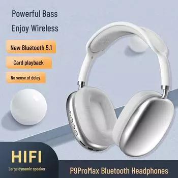 Bluetooth-гарнитура P9 PRO MAX — хит продаж, длительное время работы от аккумулятора, мощные басы, беспроводные наушники серебряный