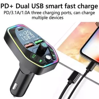 Bluetooth-совместимый 5.0 FM-передатчик Беспроводной C-тип Pd20w Двойной экранный дисплей 3.1A USB Fast чёрный