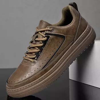 Board shoes men s 2025 autumn new flat-bottomed non-slip breathable lace-up leather men s shoes trendy versatile sports Shoes 38 хаки