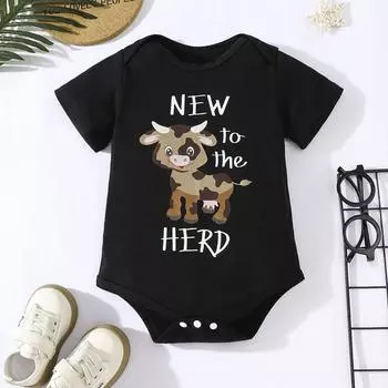Боди для мальчиков и девочек из хлопка с принтом «New To The Herd» с короткими рукавами, комбинезон 1-3M