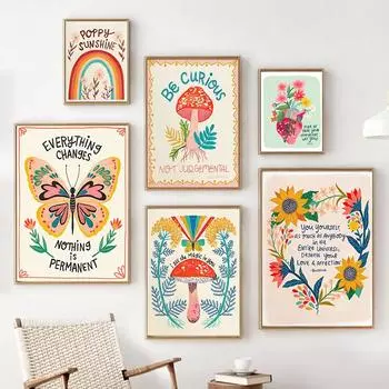 Boho Art вдохновляющая цитата плакат холст картина гриб сердце бабочка птица цветы настенное искусство для современной комнаты домашний декор 21x30cm No Frame