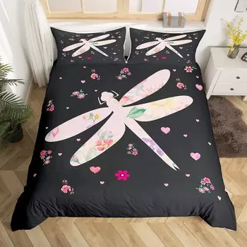 Пододеяльник Boho Dragonfly King Queen с милым цветочным принтом и сердечком из полиэстера в деревенском стиле с акварельными цветами 70x133cm 2pcs