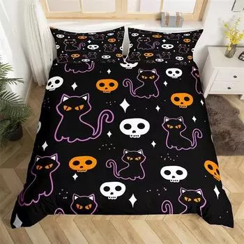 Boho Красочный Кот Пододеяльник Комплект Кошки Звезда Гриб Постельное белье Микрофибра 3D Kawaii Животные Com EU Single 135x200cm