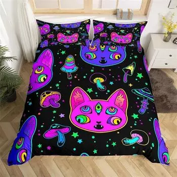 Boho Красочный Кот Пододеяльник Комплект Кошки Звезда Гриб Постельное белье Микрофибра 3D Kawaii Животные Com EU Single 135x200cm