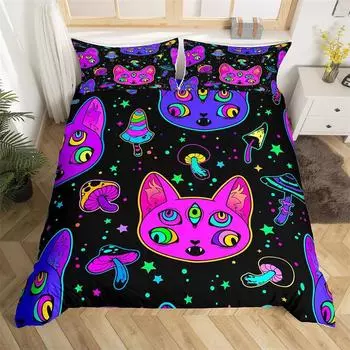 Boho Красочный Кот Пододеяльник Комплект Кошки Звезда Гриб Постельное белье Микрофибра 3D Kawaii Животные Одеяло Покрывало Твин Для Детей Мальчиков 70x133cm 2pcs