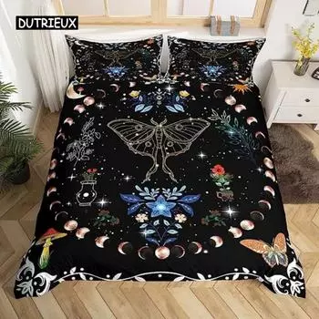 Boho Moth Duvet Cover Gothic Skull Bedding Set for Girls Women Bedroom Decor Moon Star Personalized Moth Skull Skeleton Bones EU single(135x200cm)