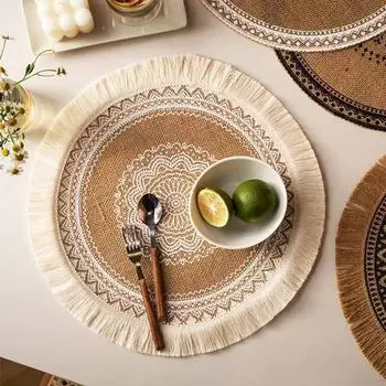 Boho Round Placemat 15 Inch,Farmhouse Woven Jute Fringe TableMats with Pompom Tassel Place Mat for Dining Room INS Table Decors 38CM
