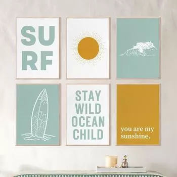 Boho Surf Gallery Wall Art Poster Set Of 6 Canvas Prints Декор детской комнаты Пляжный минимализм Простая скандинавская живопись Домашний декор 21x30cm No Framed