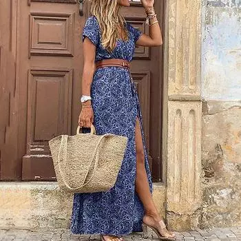 Boho женское платье макси с V-образным вырезом и цветочным принтом, летний праздничный сарафан на шнуровке с короткими рукавами M красный