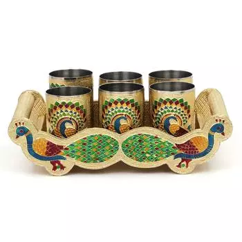 Бокал Meenakari Peacock Design с ручкой и набором сервировочных подносов ручной работы, деревянный золотой поднос Meenakari 12 x 7 x 3,5 дюйма