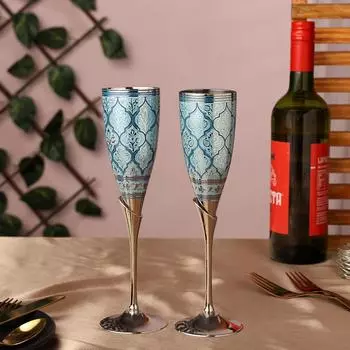 Бокалы, Металлический кубок, Бокалы для шампанского, Дивали, Подарок на годовщину свадьбы для пары, Корпоративным клиентам - Набор из 2, Дизайн синих бокалов