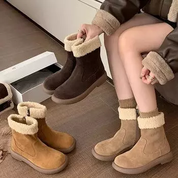 Boken shoes snow boots women s fleece thickened short boots 2024 new winter fur boots fur integrated snow cotton shoes 35 хаки