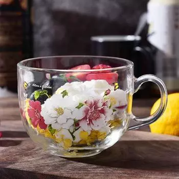 Большая емкость с цветочным узором, чашка для завтрака, прозрачная стеклянная кружка, чашка для воды, кофейная чашка, чашка для молока, кружка послеобеденного чая