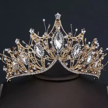 Большая Корона из сплава со стразами, аксессуары ручной работы, атмосферное свадебное платье, укладка волос, золотое платье, корона