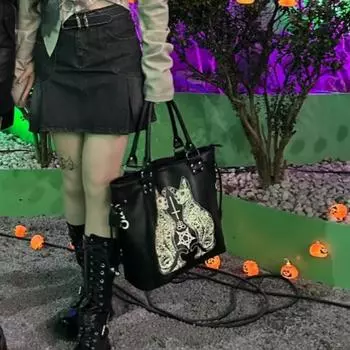 Большая вместительная черная сумка-тоут для женщин High Street Lolita Gothic Leather Handbag Женская панк-темная сумка на плечо