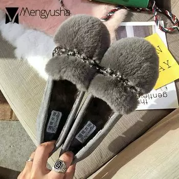 Большие размеры 42/43 Меховые туфли женские AB Crystal Flats Мокасины из натуральной кроличьей шерсти женские плюшевые мокасины для беременных женщин зимняя обувь 4.5 чёрный