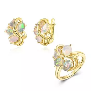 Bolaijewelry 925 пробы серебро опал кольцо серьги ювелирный комплект натуральный Эфиопия опал драгоценные камни изысканные украшения для женщин хороший подарок US RING SIZE:6# жёлтый