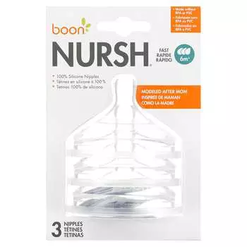 Boon, Nursh, силиконовые соски, Fast, 6 месяцев +, 3 соски