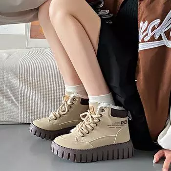 Boots Woman 2024 Trend Winter New High Top Plush Cotton Shoes Outdoor Thick Bottom Sneakers Leisure Warm Cotton Boots for Women 35 хаки