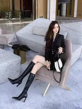 Boots Women s 2025 New Autumn and Winter Pointed High Heels Thick Heel Boots Fashion Black Skinny High Boots 35 чёрный