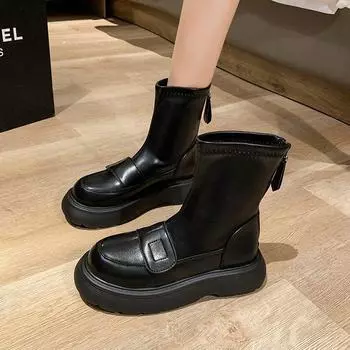 Boots women s autumn and winter new round head retro muffin thick-soled thin boots rear zipper casual medium tube fashion boots 35