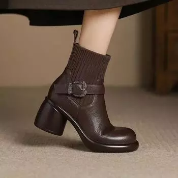 Boots Women s Fashion Black Platform Socks Boots Women s High Heel Autumn and Winter Soft Leather Fleece Elastic Boots Waterproof Table Coarse 35