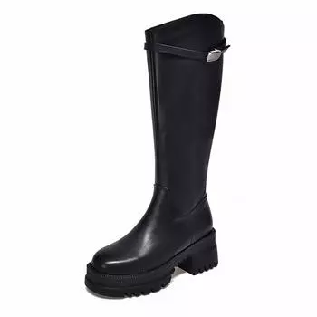 Boots Women s first-layer calfskin boots Simple temperament Thick-soled high boots Leather boots 35