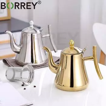 BORREY 1 л/1,5 л/2 л кофейник из нержавеющей стали, золотой чайник с фильтром, металлический чайник, газовая плита, индукционная плита, чайник Gold(1L)