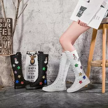 Botas, модная женская обувь, новые парусиновые ботинки, длинные танцевальные туфли, женские ботинки на плоской подошве с вышивкой и блестками, вулканизированные кроссовки Tenis Feminino 34