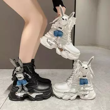 Botines, новые женские ботинки, ботильоны на платформе, модная осенне-зимняя обувь на шнуровке с боковой молнией, повседневная обувь с декором в виде животных из мультфильмов 34 чёрный