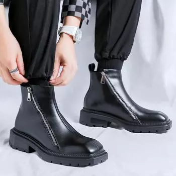 Ботинки челси на молнии Tide British Style с квадратной платформой Martin Boots Medium Top Leather Shoes Business Short Boots 4512-W 38 чёрный