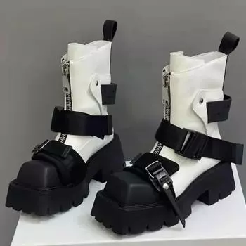 Ботинки из натуральной кожи на платформе, женские, новые, короткие, женские, с пряжкой на ремне, на толстом каблуке, мотоциклетные, дизайнерские, ботильоны 35