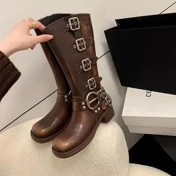 Ботинки на платформе Combat Boots Zip Chuny Heel Buckle Vintage Fashion Casual Luxury Designer Western Mid Calf Boots Shoes Woman 37