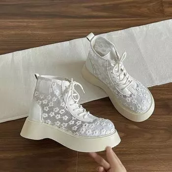 Ботинки с сетчатой полостью, дышащие сандалии, короткие ботинки с круглым носком, новинка лета 2024 года, тонкая и толстая подошва, модные, высокие 35 белый